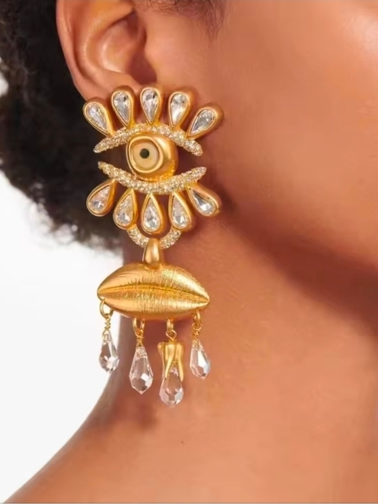 Anthropologie Jewelry - Gold Eye-and-Lip Dangle Earrings with Crystal Drops